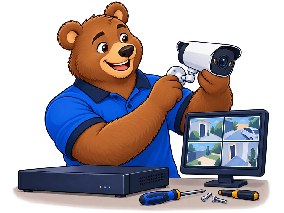 Bear technician setting up security cameras