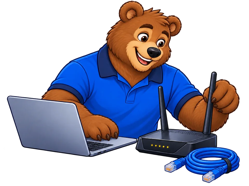 Bear technician setting up a Wi-Fi network