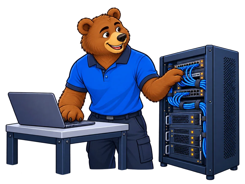 Bear technician managing servers