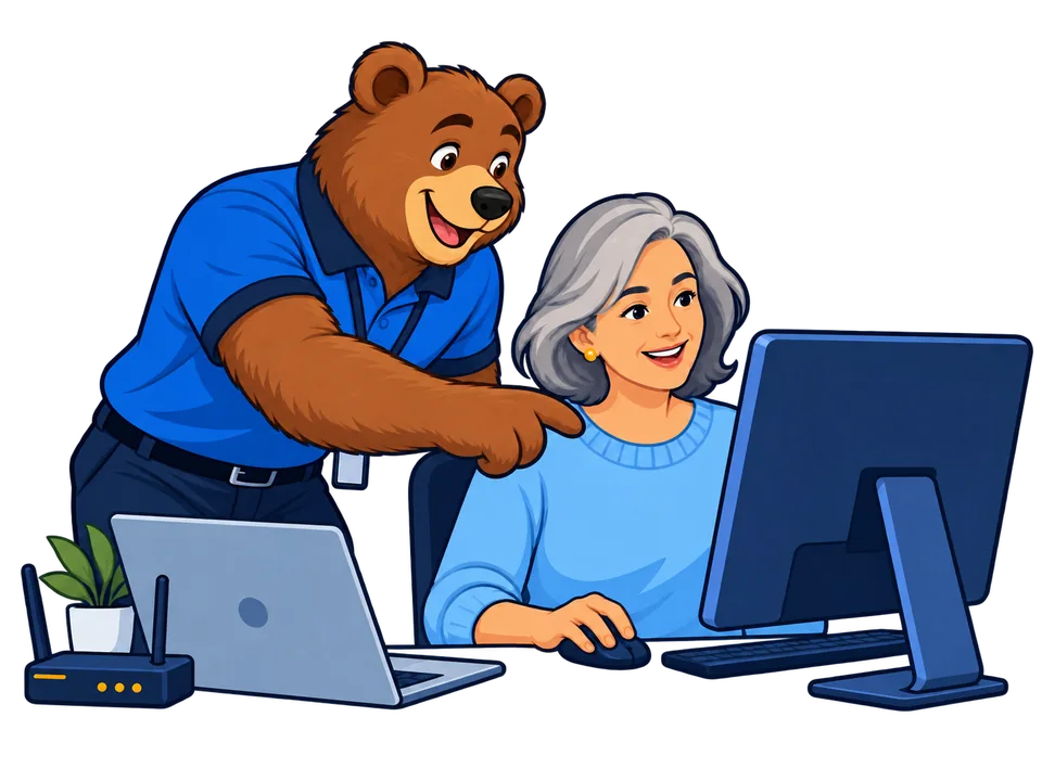 Bear Tech bear technician helping a customer with her computer